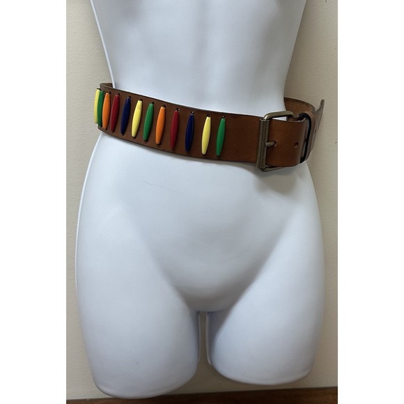 Vintage The Limited Unique Statement Rainbow Beaded Leather Belt Made in Italy S
